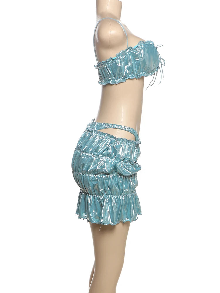 Nibber Silky Beach Style Women 2 Piece Set Y2K Sexy Glitter Strapless Bandage Camisole+Briefs+Ruched Ruffles Skirts Clubwear Aviola