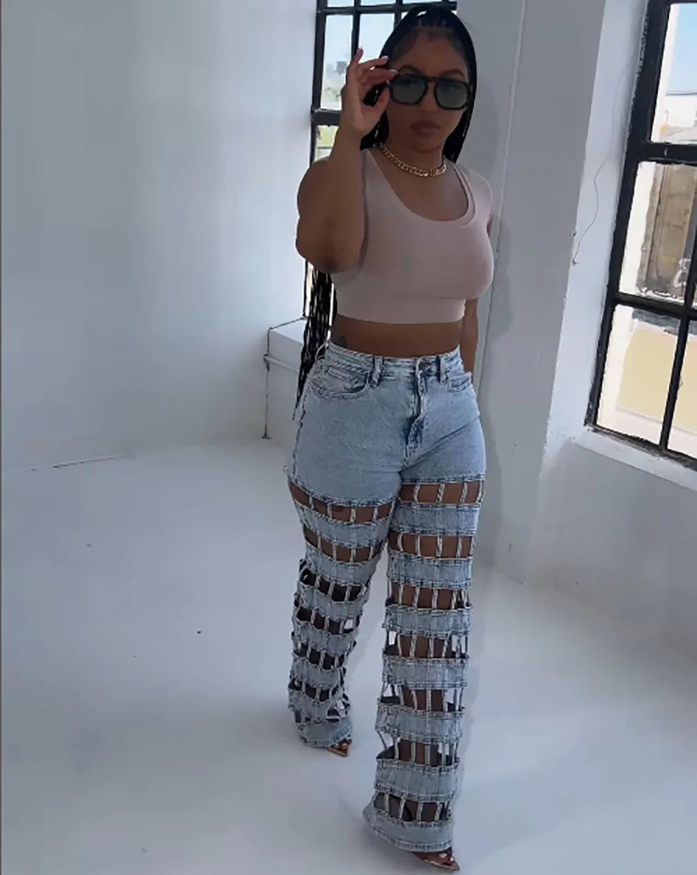 Denim Pant Women Jeans Long Pants Hollow Out High Waist Straight Mom Trousers Y2k Streetwear Elegant Splice Hole Casual Work Aviola