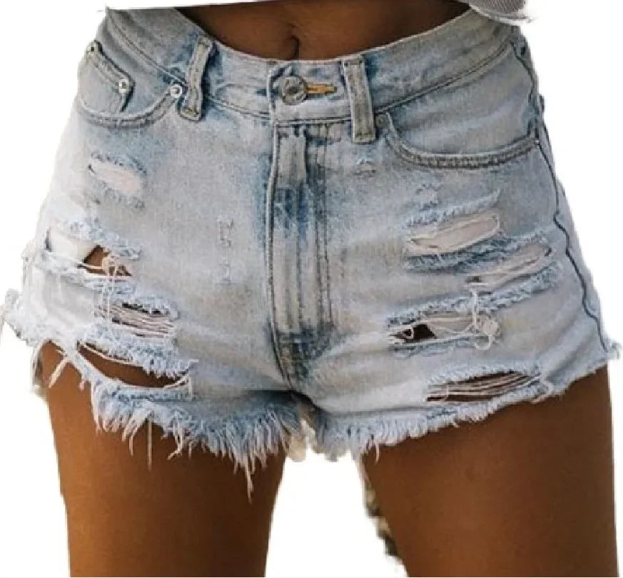 Ripped Women Denim Shorts Jean High Waist Skinny Washed Jeans Pockets Solid Hole 2025 Summer Distressed Tassel Vintage Aviola