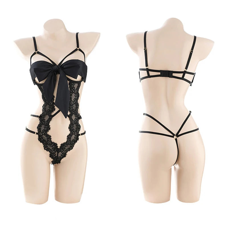 Sexy Crotchless Nightwear Women Mesh Lace Pajamas Set Adjustable Shoulder Straps Lingerie Ribbon Hollow Steel Ring Pajama Sets Aviola