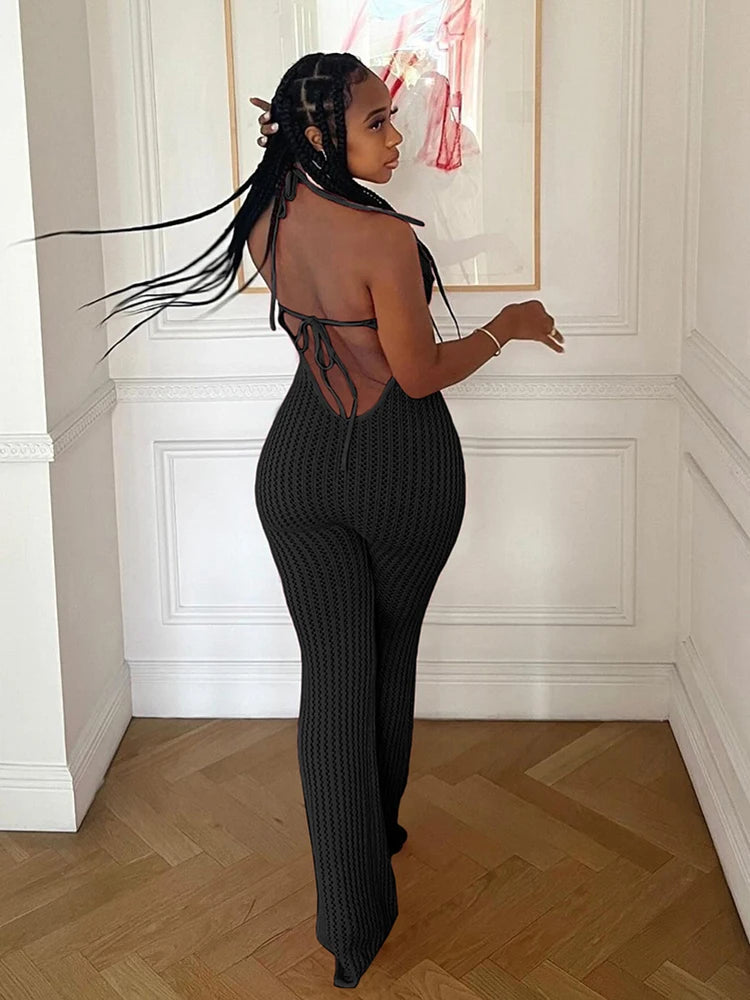 Nibber Knitted Lace-Up Jumpsuit Women Backless Halter Flower Applique Sleeveless 2025 Summer Vacation Trend Classic Overalls Aviola