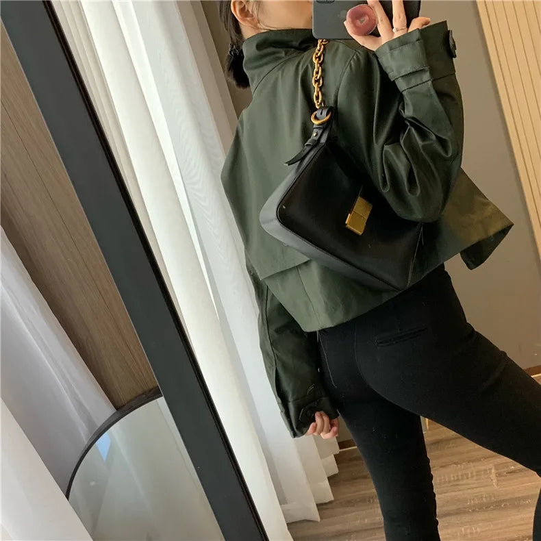 RARF 2024 autumn new women's fashion pocket double breasted waxed leather short trench coat women's top coat Aviola