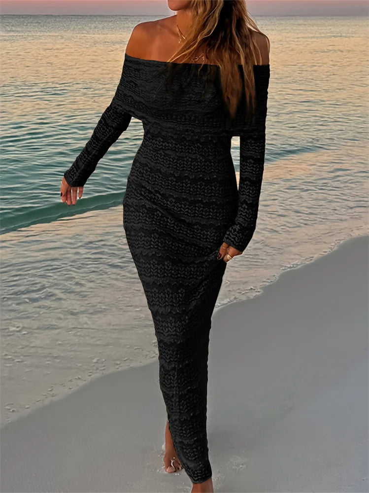 Nibber See Through Vacation Dress Women Jacquard Lapel Slash Neck Backless Full Sleeve Beach Party Elegant Chic Long Bodycon Aviola