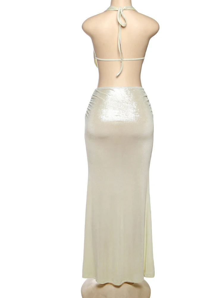 Nibber Trend Sexy Women 2 Piece Set Glitter Sheet Metal Backless Shalter Tank Tops+Ribbon Skirts Tight Vacation Matching Suits Aviola