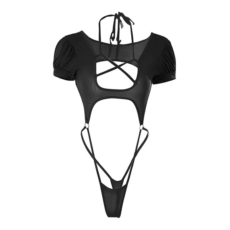 New Porn Underwear Women Puff Sleeve Teddies Cross Straps Bra With Brief Sets Sexy Costumes Open Body Suits Erotic Lingerie Set Aviola