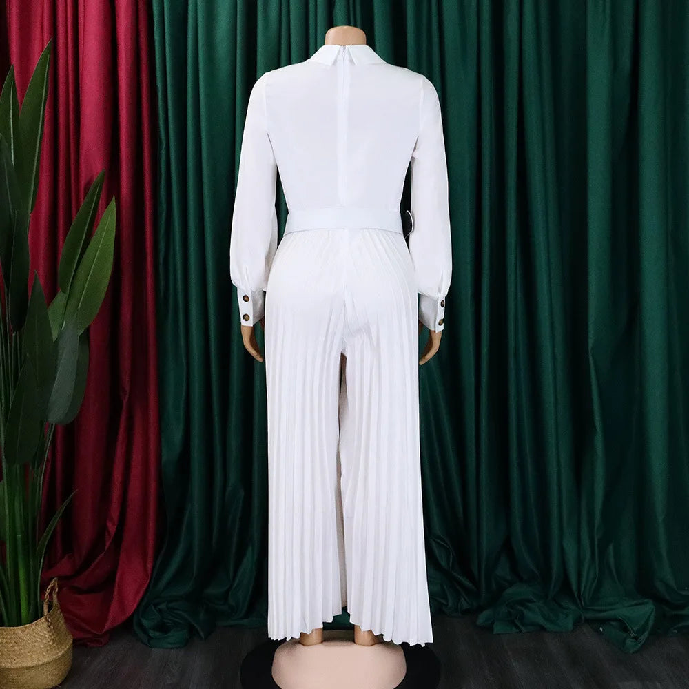 pleated Jumpsuits Women Single Breasted Long Sleeve Rompers Overalls Wide Leg Pants Spliced Sashes Slim Fit One Piece Button Aviola