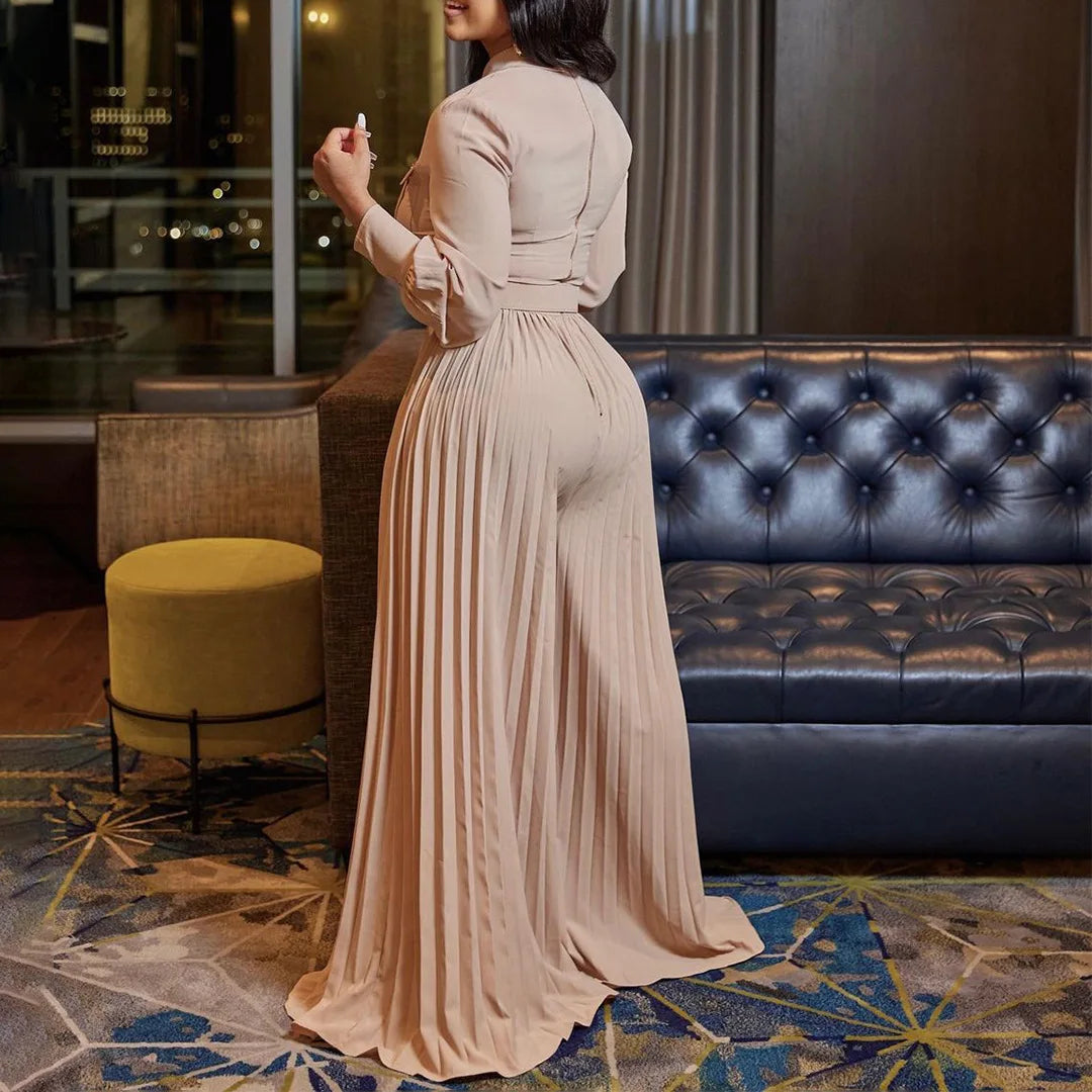 pleated Jumpsuits Women Single Breasted Long Sleeve Rompers Overalls Wide Leg Pants Spliced Sashes Slim Fit One Piece Button Aviola