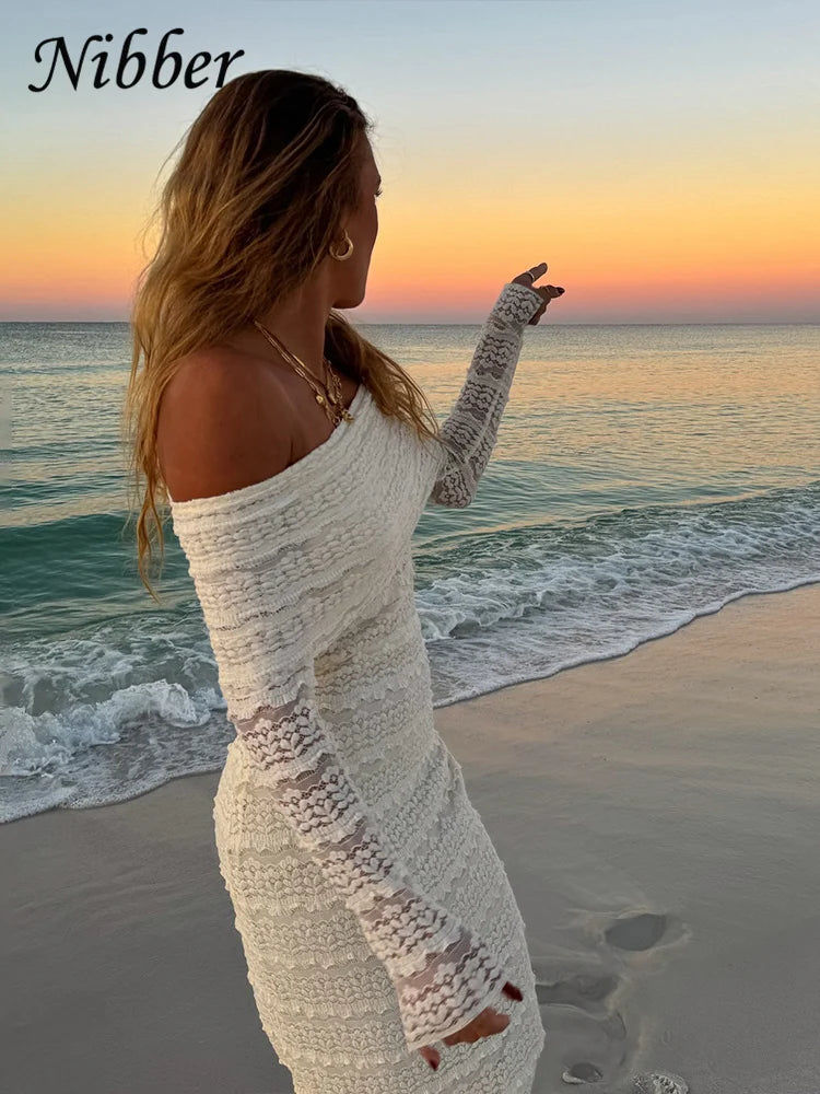 Nibber Jacquard Vacation Dress Women Lapel Slash Neck Backless See Through Full Sleeve Beach Party Elegant Chic Long Bodycon Aviola