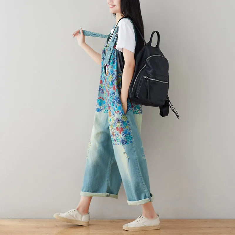 Jean Women Overalls Washed Denim Bleached Wide Leg Pants Hole Ripped Ankle Length Jeans Distressed Pockets Print Casual Aviola