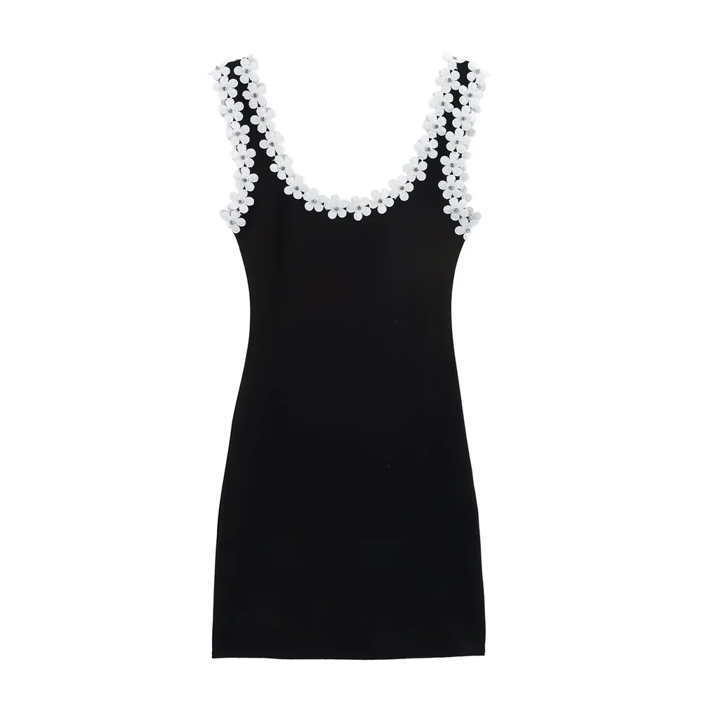 BM&MD&ZA2025flower decoration square neck wide shoulder strap slim suspender dress short skirt summer new women's clothing Aviola