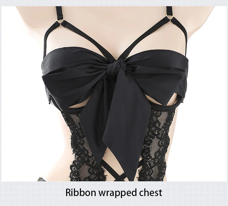 Sexy Crotchless Nightwear Women Mesh Lace Pajamas Set Adjustable Shoulder Straps Lingerie Ribbon Hollow Steel Ring Pajama Sets Aviola