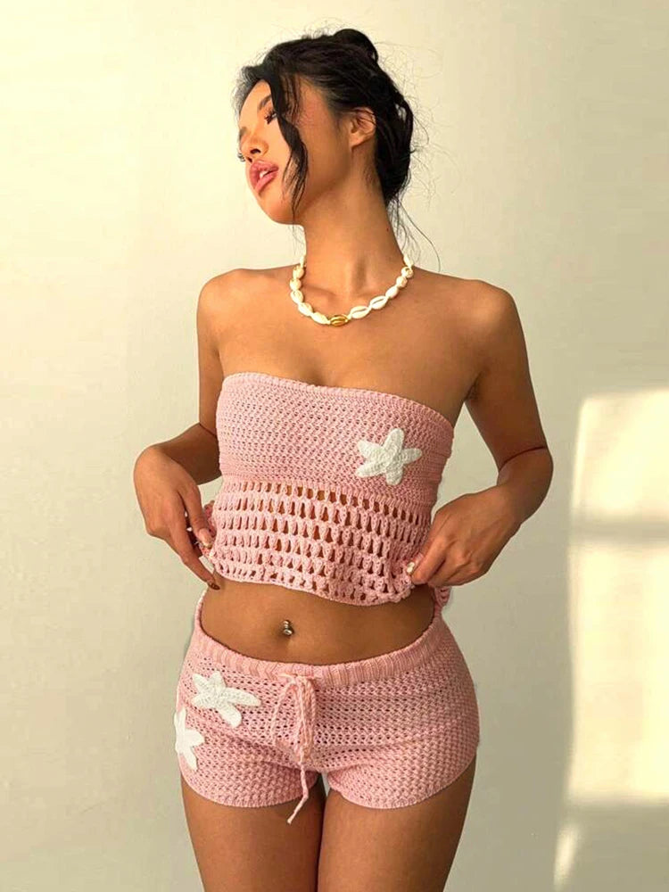 Nibber Summer Crochet Women 2 Piece Set Sexy Applique Hollow Beach Back Bandage Strapless Tops+Shorts Midnight Vacation Clubwear Aviola