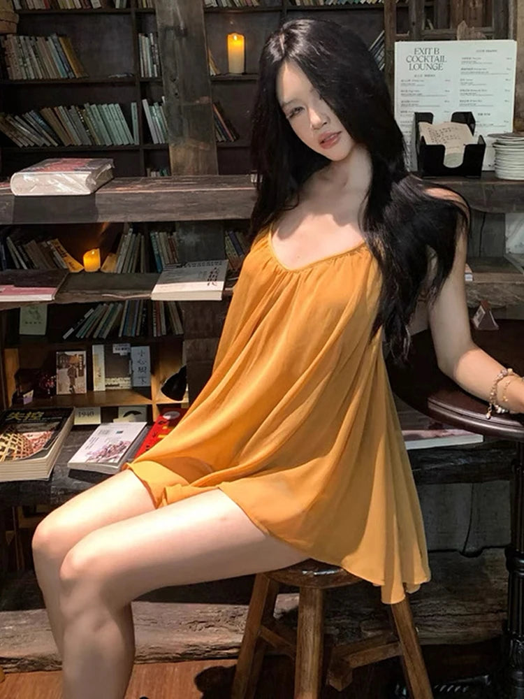 Nibber Backless Dress Women Low-Neck Folds Sleeveless Mesh Solid Summer Fashion Beach Party Vacation Simple Sexy Mini Bodycon Aviola