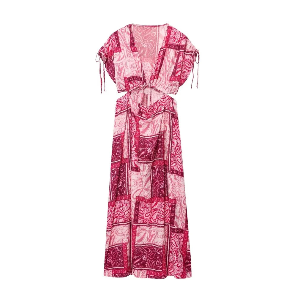 BM&MD&ZA2025bow-decorated V-neck short-sleeved hollow waist patchwork print niche dress long skirt for women Aviola