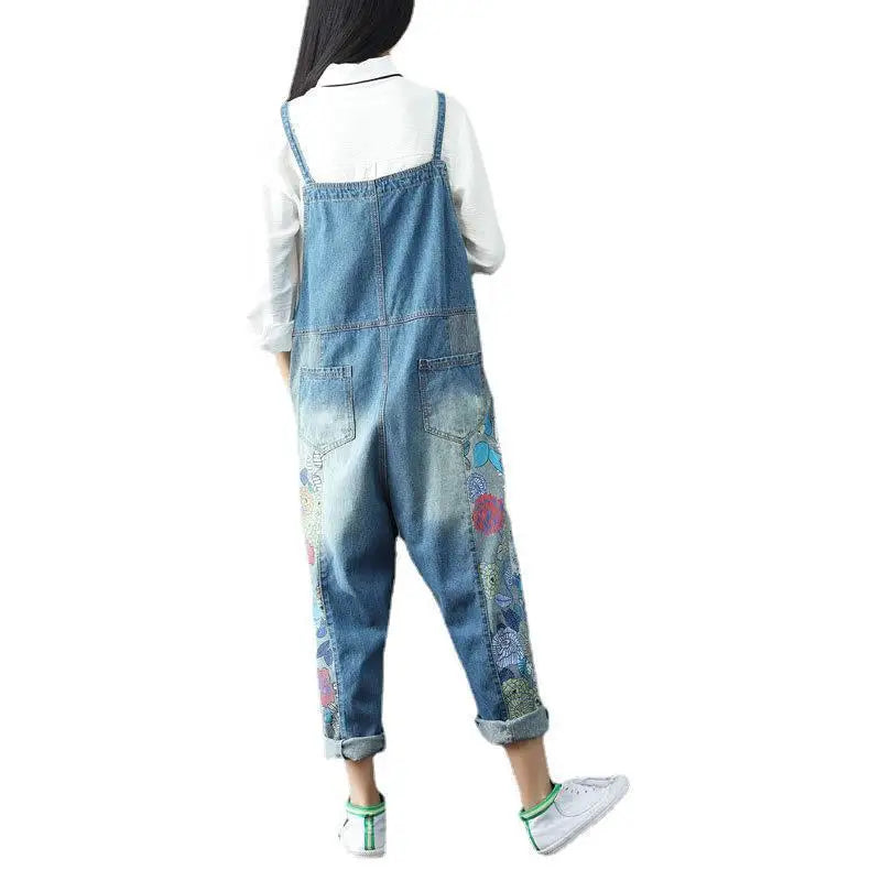 Overalls Women Suspenders Sling Jumpsuits Denim One Piece Wide Leg Long Pants High Waist Rompers Y2k Streetwear Print Floral Aviola
