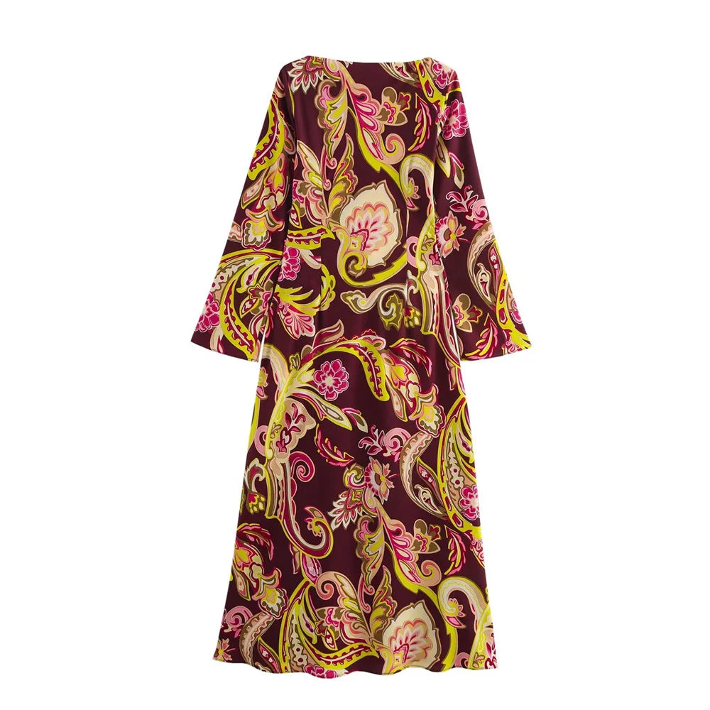 Gorgeous Burgundy Paisley Print Women Dress with Long Bell Sleeves and Belted Waist from BM&MD&ZA 2025 Collection Aviola