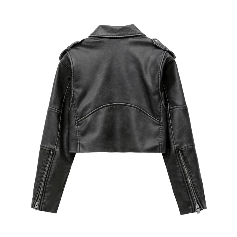 RARF 2024 Women's new short make old effect imitation leather motorcycle jacket jacket women's washed gray leather coat Aviola