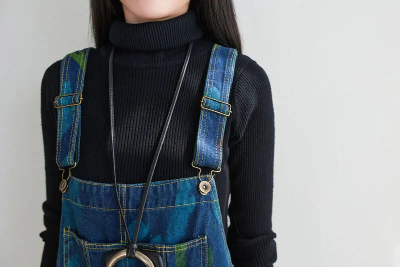 Washed Print Overalls Distressed Women Wide Leg Denim Pants Ankle Length Jean Loose Vintage Jeans Spliced One Piece Casual Aviola