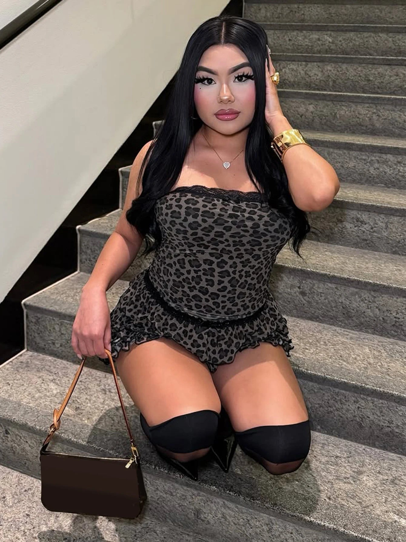 Nibber Sexy Leopard Print 2 Piece Set Women Mesh Patchwork Strapless Tops+Ruched Tierred Shorts  Hottie Street Hipster Suits Aviola