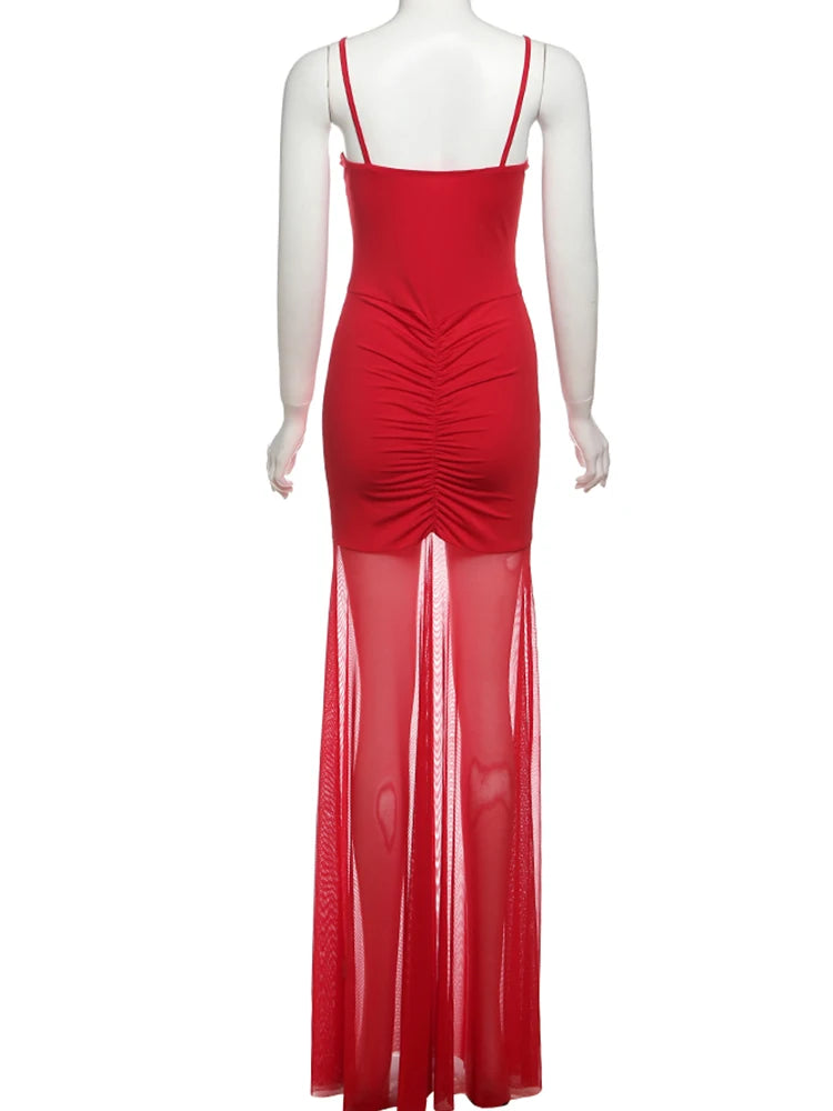 Nibber Hollow Elegant Sexy Maxi Dress Women Low-Neck Off Shoulder Backless Mesh See Through Hem Vacation Beach Party Outfits Aviola