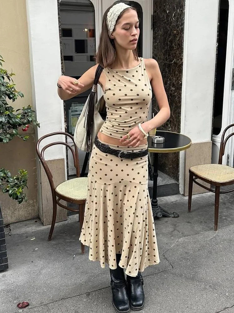 Nibber Polka Dot Print 2-Piece Set Women o-Neck Sleeveless Skinny Tops+Folds Skirts Sweet Temperament Fashion Matching Suits Aviola