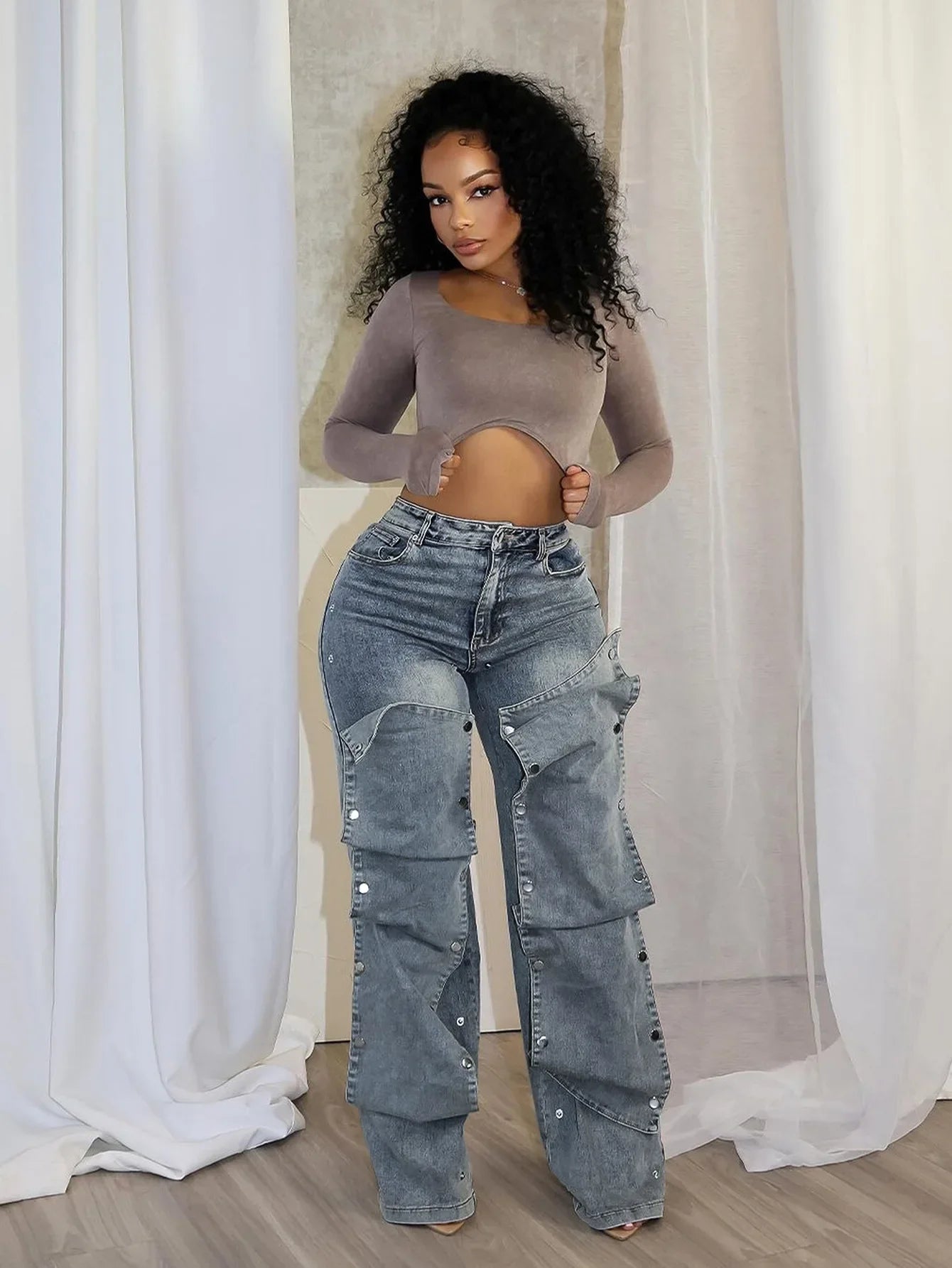 Jeans Denim Pants Women Straight Button Pockets High Waist Mom Floor Length Washed Distressed Strech Trousers 2025 Streetwear Aviola