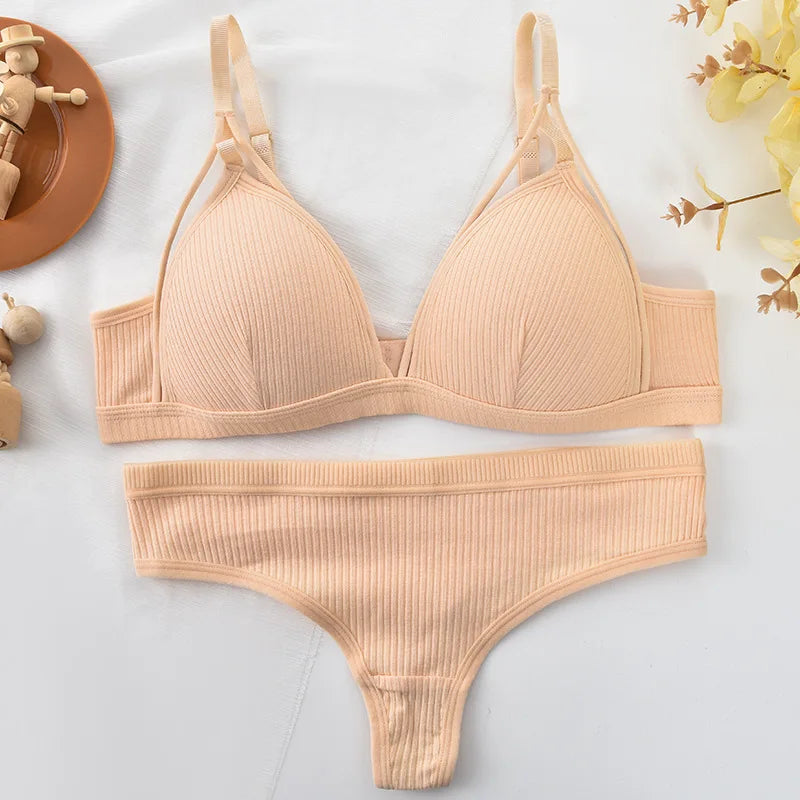 Push Up Bra Non-Wire Brassiere Low Waist Thongs Women Cotton Lingerie Set Padded Bralette Female Sexy Underwear Set Aviola
