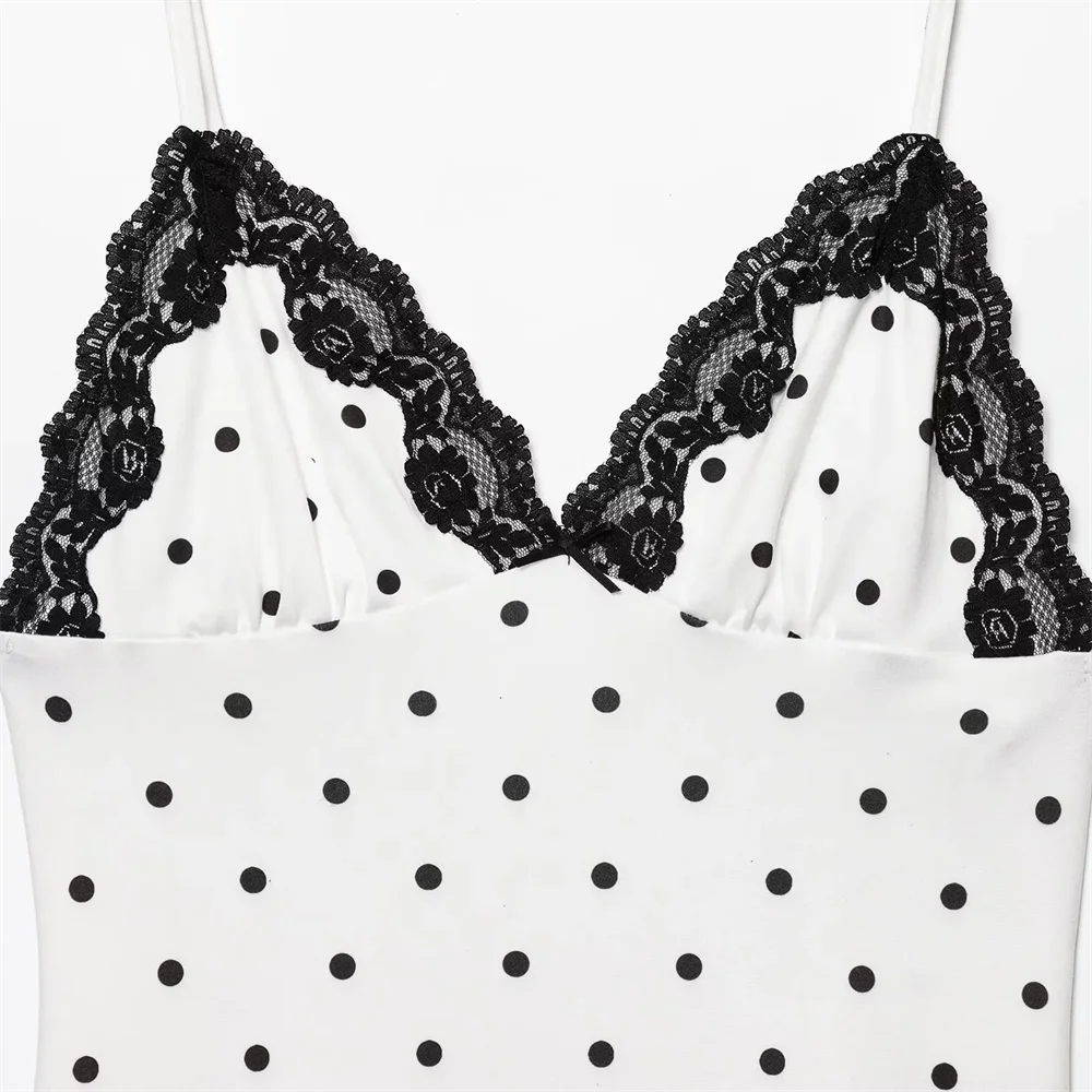 BM&MD&ZA2025French polka dot temperament slim V-neck lace contrast color suspender dress long skirt summer women's clothing Aviola