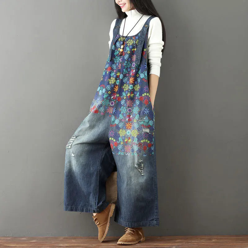 Jean Women Overalls Washed Denim Bleached Wide Leg Pants Hole Ripped Ankle Length Jeans Distressed Pockets Print Casual Aviola