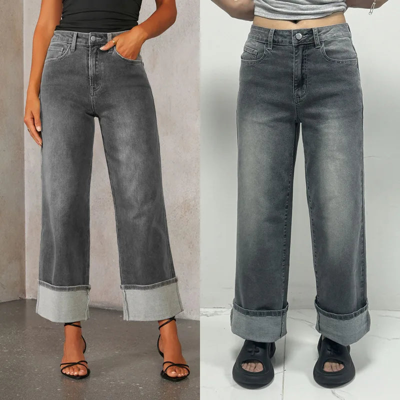 Mom Jeans Women Denim Pant Wide Leg Long Pants Y2k Streetwear High Waist Straight Trousers Elegant Temperament Spring 2025 Aviola