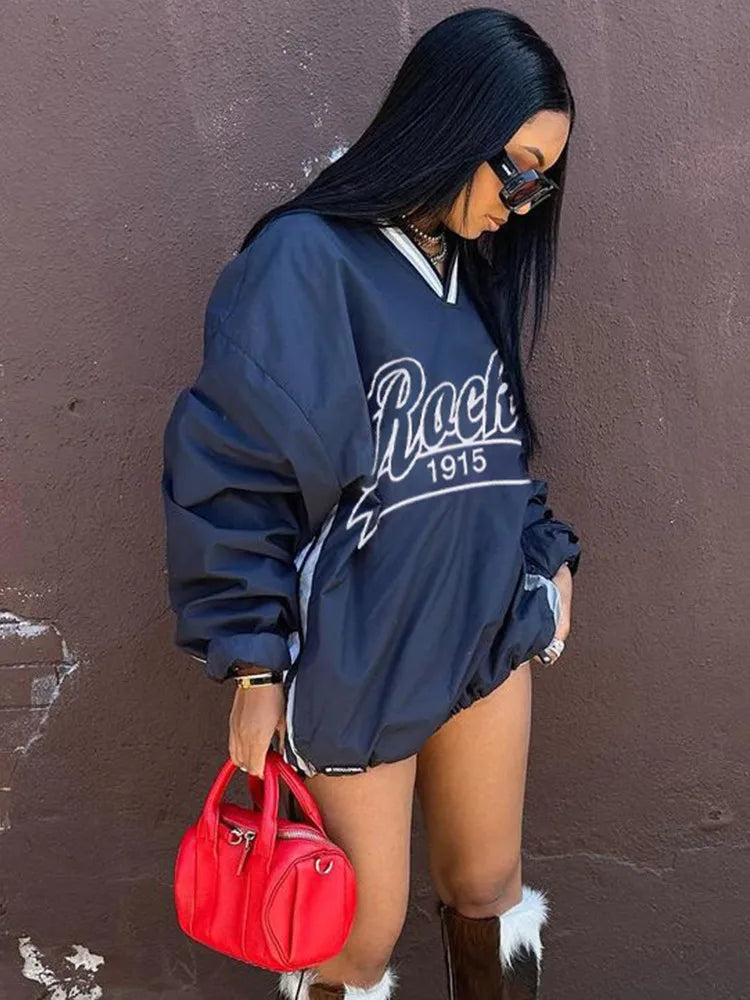 nibber Letter Print Pullover Tops Women Sporty Casual Hipster Long Sleeve Thin V-Neck Lose T-Shirt Wild Streetwear Trend Tees Aviola