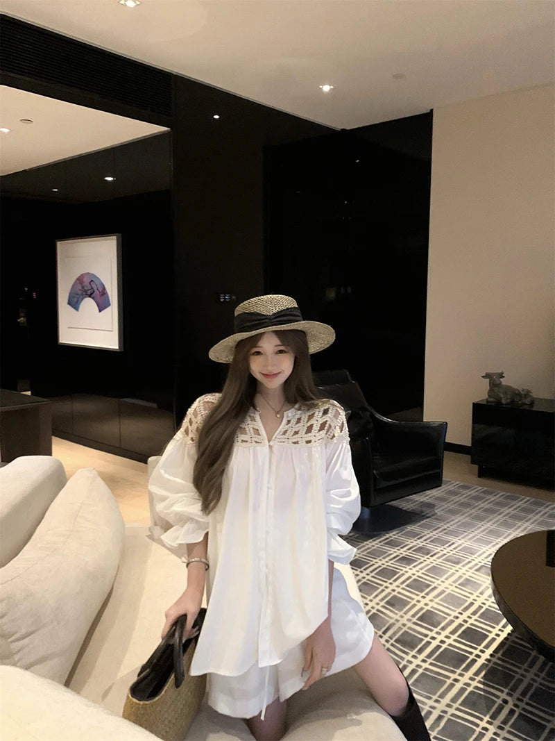 MEXZT Vintage White Shirts Women Streetwear Hollow Out Oversized Blouses Summer Ladies Korean Lantern Long Sleeve Casual Tops Aviola