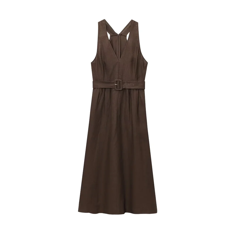 BM&MD&ZA2025Fashion V-neck Wide Shoulder Straps with Belt Design Sleeveless A-line Vest Dress Summer New Arrival Women's Dress Aviola