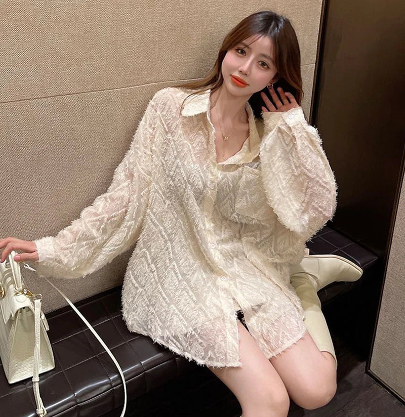 MEXZT Lace Blouses Women Sexy See Through Tassel Loose Sunscreen Shirts Summer Korean Sweet Elegant Casual Sun Protection Tops Aviola