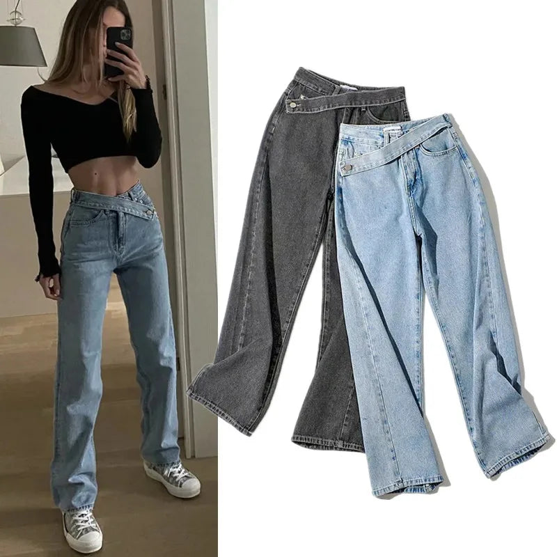 Spliced Wide Leg Denim Pants Women Ankle Length Jean Solid Loose Pockets High Waist Washed Vintage Jeans Zipper Fly Basics 2024 Aviola