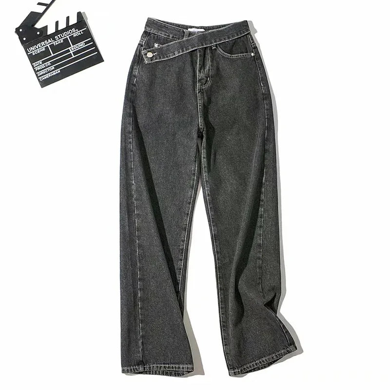 Spliced Wide Leg Denim Pants Women Ankle Length Jean Solid Loose Pockets High Waist Washed Vintage Jeans Zipper Fly Basics 2024 Aviola