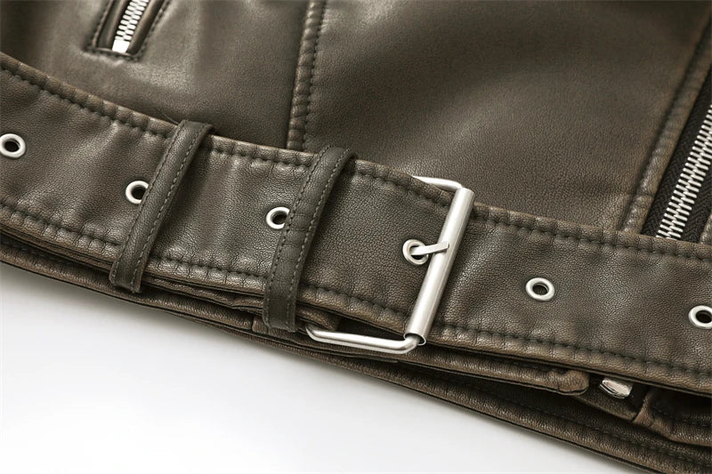 Chaqueta de cuero lavado con cinturón para mujer, abrigo corto con cremallera degradada y cuello vuelto Vintage, chaqueta elegan Aviola