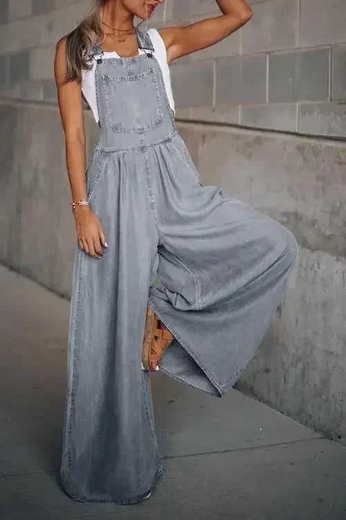 Pocket Design Wide Leg Suspender Denim Jumpsuit for Women Overall Cowboy BibSquare Neck Daily Regular Fit Sleeveless Summer Fall Aviola