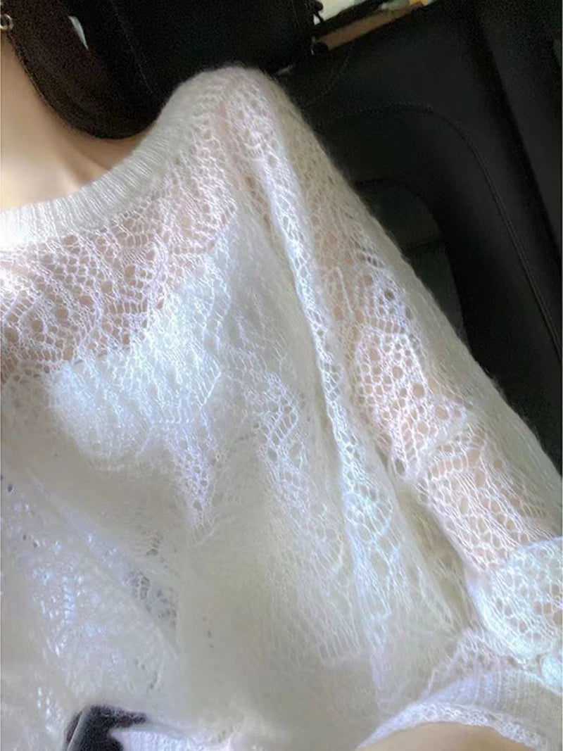 MEXZT Y2K Hollow Out Pullover Sweater Women Sweet Sexy See Through Thin Loose Jumper Korean Oversized Sun Protection Shirt Tops Aviola