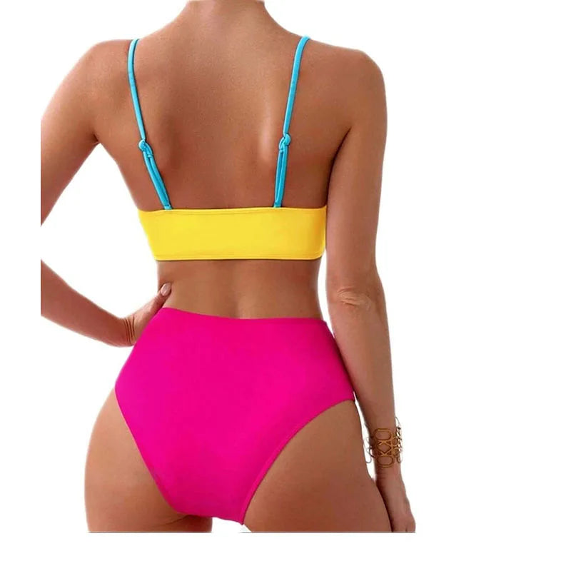 New Sexy High Waist Bikini 2025 Cross Backless Women Swimsuit Patchwork Tight Beachwear Bikini Set Seaside Sling Pool Swimwear Aviola