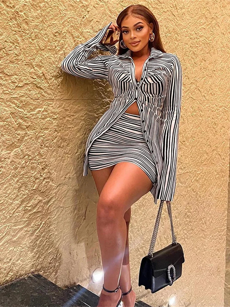 Nibber Autumn Two-piece set Women Fashion Pretty Full Sleeve Pleats Buttons Office Lady Top+Hip Skirt Striped Sexy Classic Suit Aviola