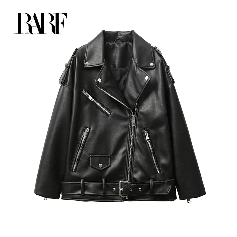 RARF  New 2024 Women's motorcycle leather PU imitation leather loose jacket black jacket Aviola