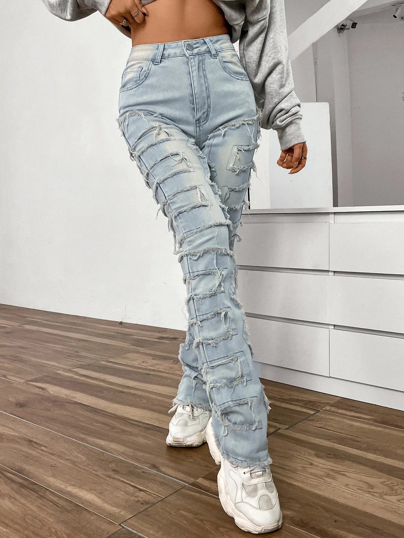 Women Jeans Denim Straight Pants Spliced Patchwork High Street Slim Fit Pockets Mid Waist Washing Zipper Slight Srech 2024 Aviola