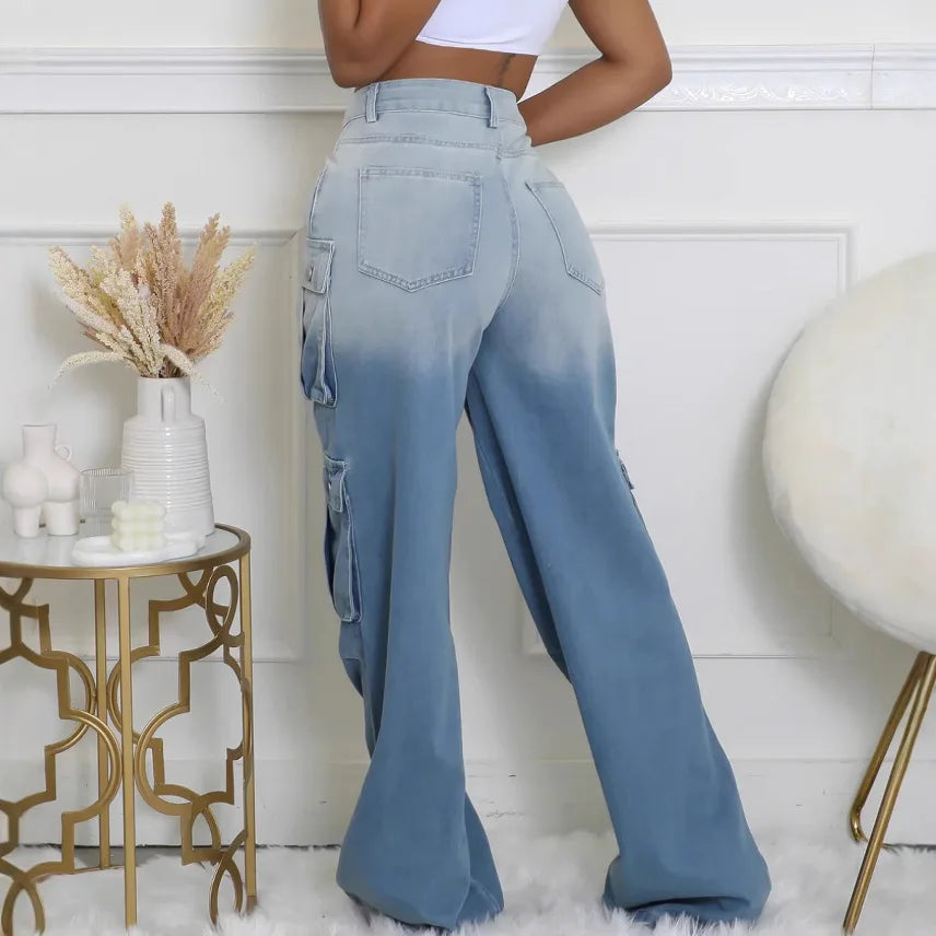 Jeans Women Denim Long Pant Cargo Pants Gradation Pockets High Waist Straight Trousers Y2k Streetwear Party Club Casual Loose Aviola