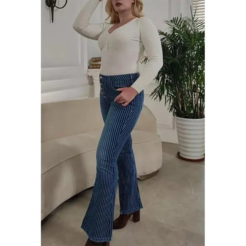 Stripe Jeans Women Mid Waist Flare Pants Ladies Trousers Female Casual Slim 2025 Summer Button High Strecth Elegant Office Lady Aviola