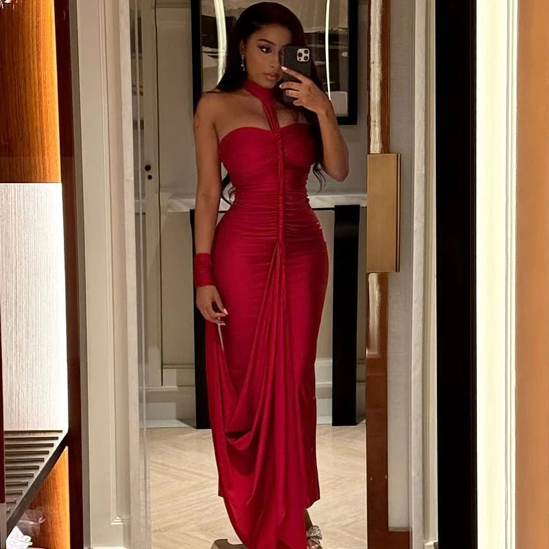 Nibber Elegant Halter Maxi Dress Women Backless Skinny Solid Hand Strap Hem Summer Trend Sexy Vacation Birthday Party Vestidos Aviola
