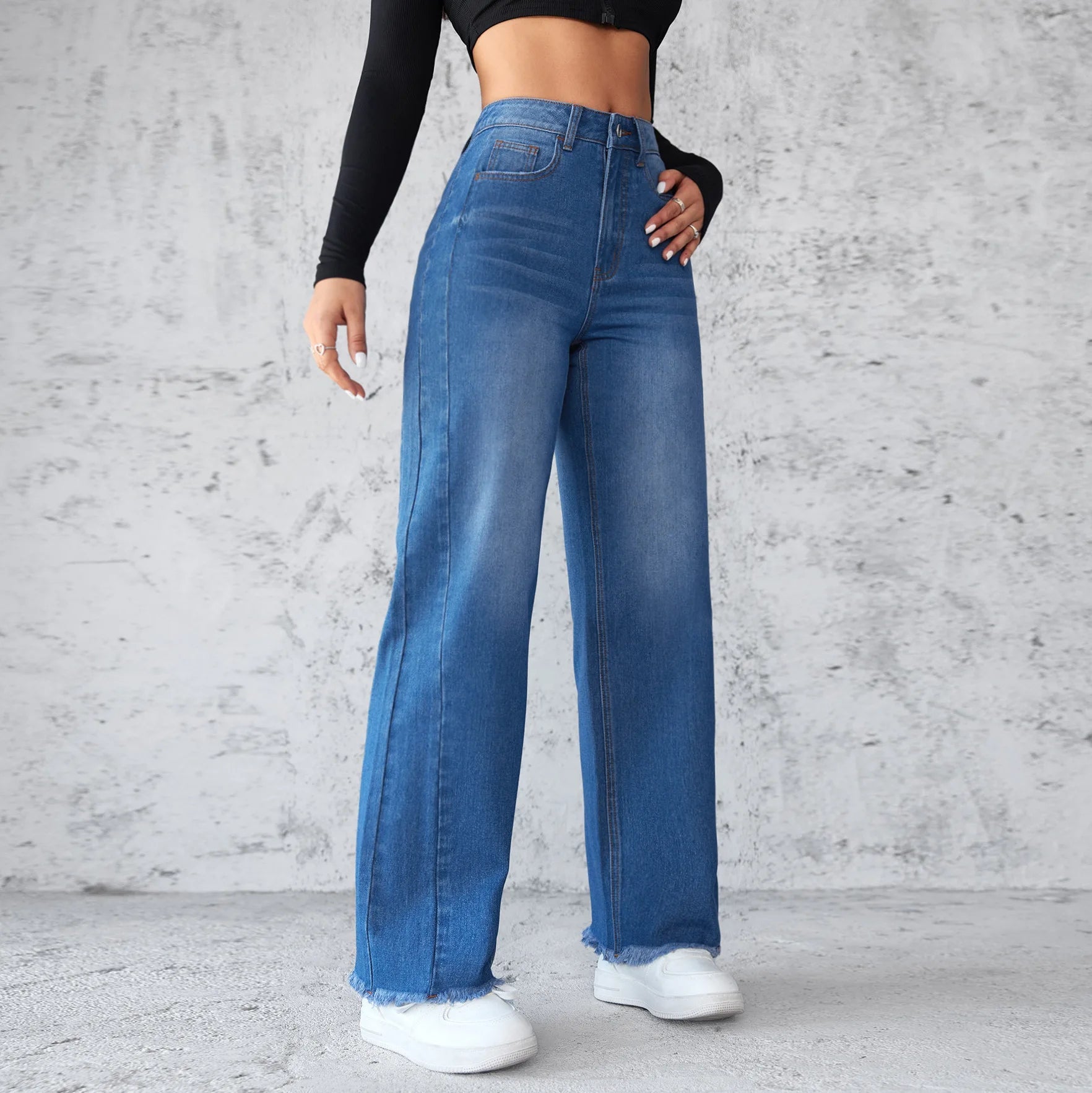 Washed Distressed Denim Straight Pants Vintage Women Jean Pockets High Waist Loose Fit Ankle Length Wide Leg Pants Basics Aviola