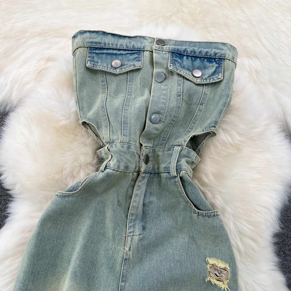 Denim Jumpsuits Women Hole One Piece Wide Leg Pants Sleeveless Strapless Distressed Mom Pockets Jeans Streetwear Summer 2025 Aviola