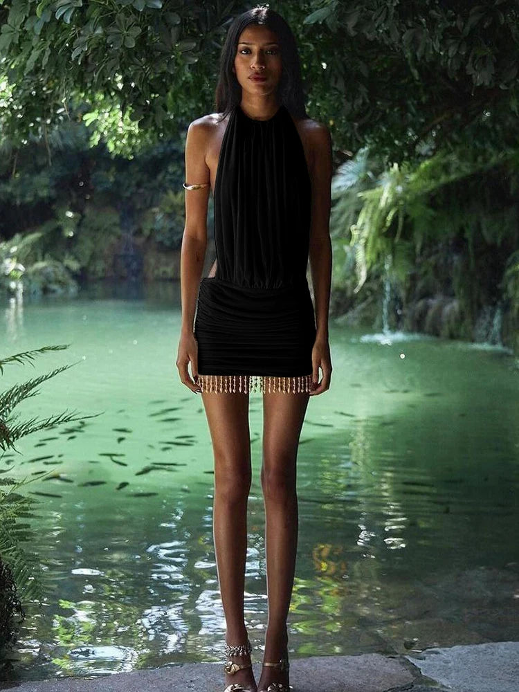 Nibber Lace-Up Halter Mini Dress Women Pearl Tassel Mesh Patchwork Sexy Backless Midnight Club Party Ruched Temperament Outfits Aviola