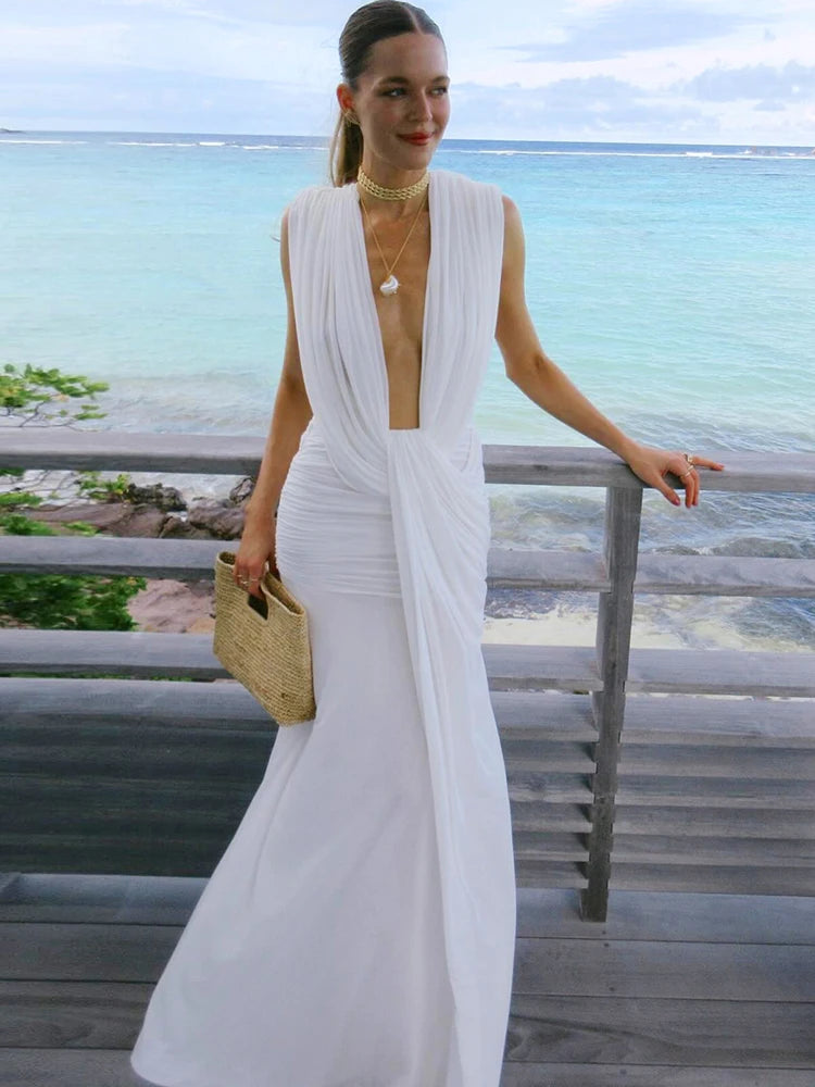 Nibber Wrap Ruched Temperament Dress Women Sexy Deep V-Neck Sleeveless High Elasticity Buttocks Beach Party Solid Long Bodycon Aviola